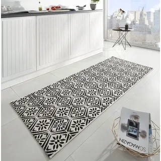 Zala Living Soho Läufer – Küchenläufer rutschfest Teppichläufer Flachgewebe Kurzflor Teppich Küchenteppich Waschbar für Flur, Küche, Wohnzimmer, Badezimmer, Bad – Schwarz Creme, 80x200cm