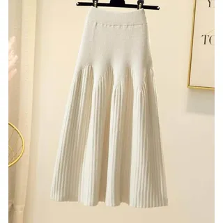 JJDSL Dehnbarer Strickrock - Einfarbig Big Swing Gestrickter Maxi Faltenrock, Elegante Knöchellange Röcke Frauen, Herbst Winter Frauen Flauschiger Rock Geeignet Für Den Alltag, Beige, Länge, 73Cm