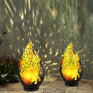 Gartendeko Solarlampen für Außen Outdoor Balkon Deko schwarz gold Flammenoptik Glaskugel, IP44 Akku Metall, 1x LED, LxBxH 16,5x12,5x26,5 cm, 2er Set