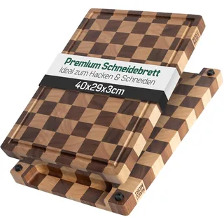 MAKUMORI Premium Schneidebrett aus Massivholz, Stirnholz, End Grain 40x29x3cm - zweifarbig kariert aus Akazien- und Heveaholz, FSC® -zertifiziert, Standfüße, Saftrinne und große Griffmulden