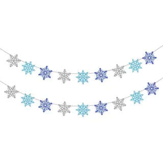 2 Stück Glitzer Winterdeko Girlande, Schneeflocken Deko Flagge, Girlande Weihnachten für Schneeflocken Deko, Weihnachten Deko, Winter Deko (Blau)