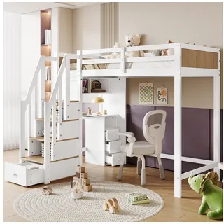 Merax Hochbett (Schrank mit 3 Schubladen, Offenes Regal) Etagenbett 90x200cm mit Stauraumtreppe, Schreibtisch und Schrank weiß