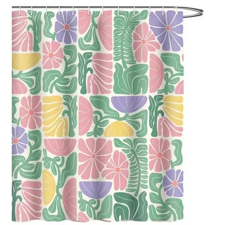 Coonoor Duschvorhang Boho Duschvorhang mit abstraktem, buntem Blumenmuster Breite 180 cm (1-tlg), Vintage Retro Patchwork – Geometrisches Botanisches Design für das Bad grün|lila