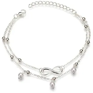 SJBAUTYO Doppel-Fußkettchen im Boho-Stil mit silberfarbenen Perlen, Strand Perlen Fußkettchen Silber,Lucky 8 Knöchel verstellbar Damen,Fußkettchen für Damen und Mädchen