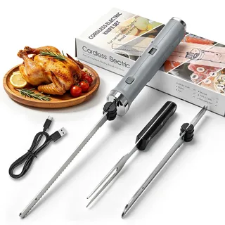 kswiown 8V Elektromesser, Elektrisches Messer mit 2 Edelstahlklingen | Kabelloses Küchenmesser mit Gabel, 2000 mAh Akku zum Schneiden von Truthahn Fleisch Brot Gemüse Obst Fisch (Grau)