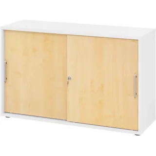 bümö Schiebetürenschrank 2OH - Aktenschrank abschließbar, Sideboard Schrank mit Schiebetüren in Weiß/Ahorn, Relinggriff - Büroschrank aus Holz mit