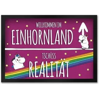 trendaffe - Willkommen im Einhornland Fußmatte mit niedliche Einhörner auf pinkem Hintergrund mit Regenbogen Motiv