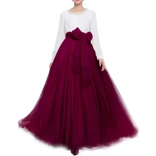 Damen Lange Tüllrock Bodenlang Maxi Puffy Rock A-Line Bowknot gürtel hohe tailliertes für Hochzeitsfeier Abend - M