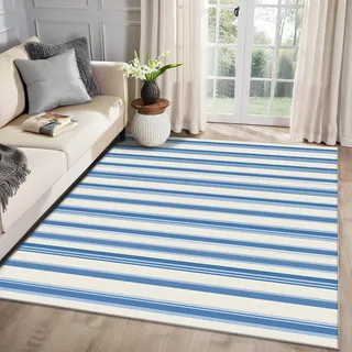 MMYAOKEN Blau Weiß Gestreift Teppich Wohnzimmer 120x170 Nautische Streifen Modern Deko, Teppich Kurzflor, Weich rutschfest Waschbare Teppiche, Bettvorleger Schlafzimmer Kinderzimmer