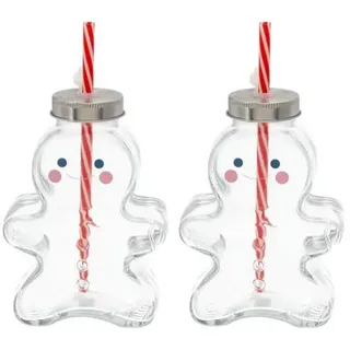Novaliv 2x Tassen Glühwein 440 ml Personalisierte Weihnachtstasse mit Trinkhalm - Lebkuchenmann als Glühweinbecher - Christbaumkugel Motiv Tasse Tan