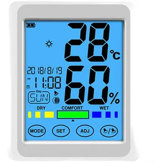 Digitales Thermometer und Hygrometer für den Innenbereich, mit Touchscreen für Schlafzimmer, Büro, LCD-Temperatur- und Luftfeuchtigkeitsmonitor, magnetische Standuhr, AAA für Batterieanzeige (weiß)