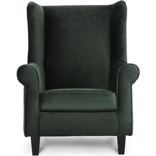 Konsimo Ohrensessel MILES Gepolsterter Sessel, mit Armlehnen, Sessel mit Federn in der Sitzfläche, Massivholzbeine grün|schwarz