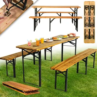 STREND PRO Bierzeltgarnitur 3-teilig | KLAPPBARE Gartenmöbel Set - Holz und Metall - Biertischgarnitur für 6-8 Personen | Biertisch + 2 Bierbänken | Festzeltgarnitur, Sitzgarnitur, Bierbankgarnitur