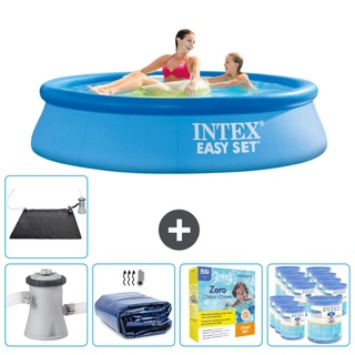 Intex runder aufblasbarer Easy Set-Schwimmpool – 244 x 61 cm – Blau – inklusive Pumpe Sonnensegel - Wartungspaket - Filter - Solarmatte