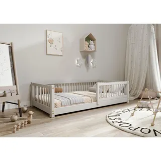 TIMBEE - Alfi - Kinderbett 90x180 cm - Bett Grau - Einzelbett für Kinder mit Lattenrost und Rausfallschutz Abnehmbar - Belastbar bis 100 kg - aus Kiefernholz Klasse 1