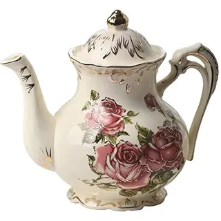 HUAMu Teekanne aus Keramik, Rosa Rosenmuster elfenbeinfarbenes Porzellan, 800ml, Vintage-Teekanne mit goldfarbenem Blätterrand