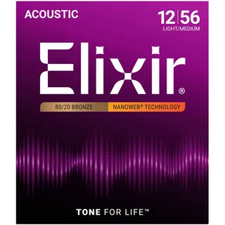 ELIXIR 11077 Nanoweb Coating Acoustic Guitar Strings, Light-Medium, 12-56