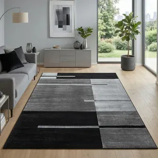 Carpetsale24 Teppich 280x370 cm XXL Kurzflor Konturenschnitt in Schwarz Grau Kariertes Design, Extra Weich, Pflegeleicht, Waschbar Für Großes Wohnzimmer oder Esszimmer