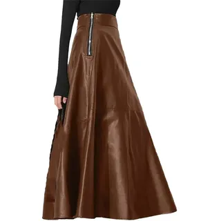 Damen-Maxirock aus PU-Leder, Frühling, lang, einfarbig, lässig, hohe Taille, Reißverschluss, khaki, 52 - XXL