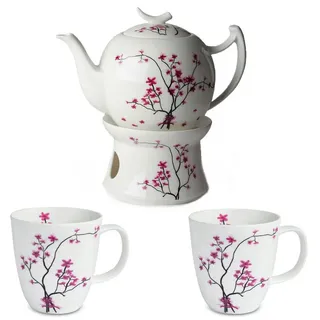 Dekomiro Teeservice TeaLogic Cherry Blossom 1 Tekanne 2L, 2 Becher 0,4L u. Stövchen (5-tlg), 2 Personen, Fine Bone China Porzellan, Teesevice mit Teekanne 2 Liter Inhalt Stövchen und 2 Teebecher weiß