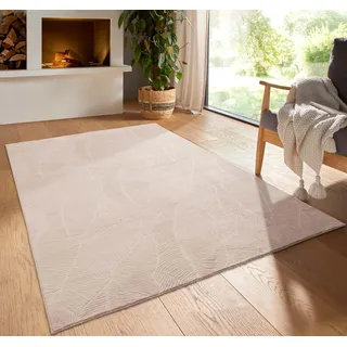 Taracarpet Kurzflor Boho Skandi Polyester Teppich in 3D Optik waschbar, pflegeleicht und robust ideal fürs Wohnzimmer, Schlafzimmer und Kinderzimmer auch als Badematte Beige Blätter 120 cm rund