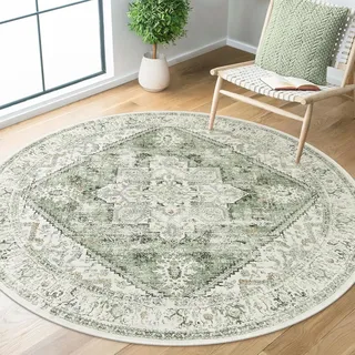 Generisch Teppich Rund,Vintage Blumenmuster Orientalisch, Grün, ø 180 cm, waschbarer Wohnzimmerteppich Anti-Rutsch Unterseite Schlafzimmerteppich,