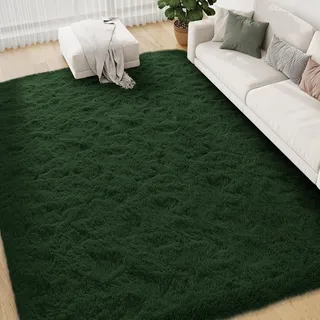 FVVRAX Flauschiger Hochflor Teppich 120x180 cm Dunkelgrün | Extra weicher Shaggy Teppich rutschfest für Wohnzimmer Schlafzimmer | Kuscheliger Bodenteppich für Kinder Haustiere
