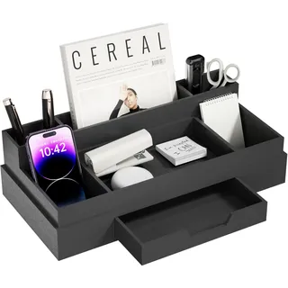 JiaWei Büro Schreibtisch Organizer mit 6 Fächern & Schubladen, Multifunktionaler Stiftehalter, aus Extra Stabil Karton, Desk Organizer, ideal für Bürobedarf - Schwarz