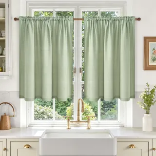 MRTREES Scheibengardinen Modern Grün Leinenoptik Halbtransparent Küche Wohnzimmer Bistrogardine 2er Set, Küchengardinen Kurz Landhausstil für Küchenfenster Kleine Fenster, H 60 x B 120 cm