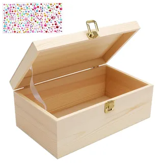 KQDRAVINE Holzkiste mit Deckel und Ein Set Edelstein-Aufkleber, Kleine Holzkiste, Aufbewahrungsbox Holz 20x15x10 cm Wooden Box With Lid, Erinnerungsbox Erinnerungskiste Kästchen Holzbox Natural Farbe
