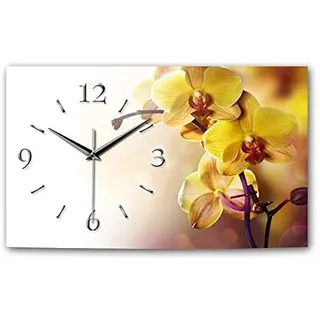 Kreative Feder Designer-Wanduhr Orchidee gelb XXL - leise Wanduhr in modernem Design Größe 50x30cm leise ohne Ticken (Orchidee, leises Quarzuhrwerk)