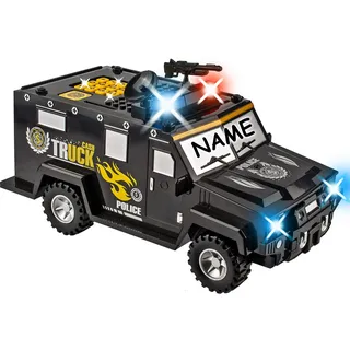 alles-meine.de GmbH Spardose - elektronisch - Geldtransporter Polizei - mit Fingerabdruck + Zahlenkombination/Passwort + Sound + Licht - incl. Name - digitaler Tresor Sparschwe..