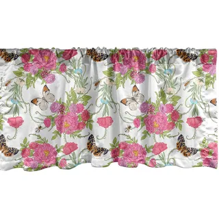 ABAKUHAUS Frühling Fenster Volant, Schmetterlinge auf Blumen-Kunst, Vorhang Volant für Küche Schlafzimmer Dekor mit Stangentasche, 137 cm X 45 cm, Pastellrosa Multicolor