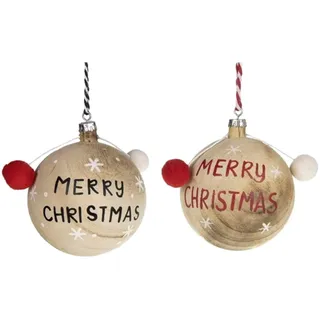 Macosa Christbaumkugeln Holz Merry Christmas 8 cm 2er Set Rot Weiß | Weihnachtskugeln mit Kordel zum Aufhängen, Baumschmuck für Tannenbaum, Adventskranz und Türkranz, 2 Holzkugeln