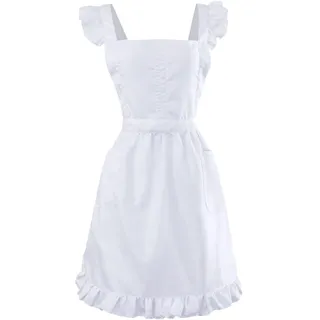 ARKCHIU Koch Schürze Damen Süß Maid Costume Schürze Vintage Damen Rüschen Mit Taschen, Zum Backen, KochenWhite,One Size
