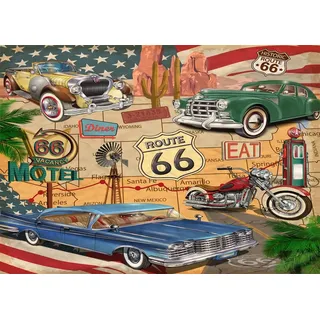 BELECO 1.5x1m Stoffhintergrund mit Route 66-Thema Retro-Straßenkarte Motel Motorrad Autos Arizona-Wüste Kaktus US-Flagge Poster Wandhintergrund Geburtstagsfeier Porträt-Requisiten