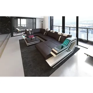 Sofa Dreams Wohnlandschaft Leder Sofa Ledercouch Ravenna U Form Ledersofa, Couch, mit LED, wahlweise mit Bettfunktion als Schlaffunktion braun