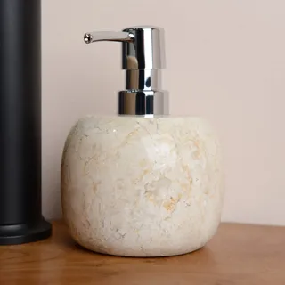 wohnfreuden Marmor Seifenspender Creme rund 15 cm - Nachfüllbarer Dosierspender aus Naturstein