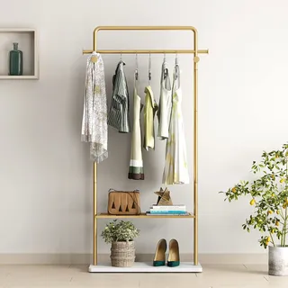 TIEOU Gold Kleiderständer mit Ablage, Gold Kleiderständer für Boutiquen, freistehender Kleiderständer zum Aufhängen von Kleidung, strapazierfähig, industrieller Kleiderständer Gold