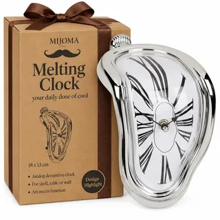 MIJOMA Melting Time Uhr – Schmelzende Uhr im Dalí-Stil 18x13 cm – Deko-Tischuhr aus Kunststoff – Surrealistische Wanduhr für Regal, Büro & Wohnzimmer – Design-Uhr modern & ausgefallen