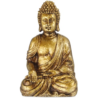 Relaxdays Buddha Figur Garten, wetterfest & frostsicher, Gartenbuddha sitzend, Gartenfigur HBT 30 x 18,5 x 12,5 cm, Gold