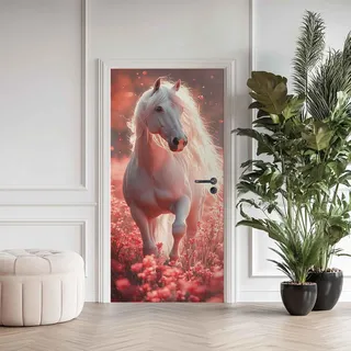 Türaufkleber Pferd, Türtapete Selbstklebend Weißes Pferd Rosa Blume, Fototapete Türfolie Poster Tapete, Wasserfest PVC TürPoster Deko 88 x 200