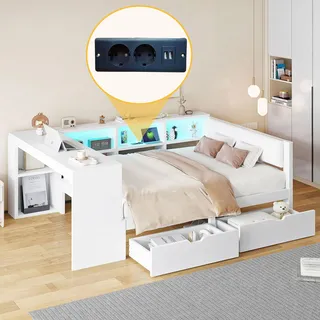 BTM Jugendbett 140x200 mit Schreibtisch und LED-Gürtel, Tagesbett mit Schubladen Kinder Stauraumbett Daybed Weiß