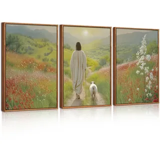 ANHUIB Wandkunst Religiöse Leinwandbilder Jesus Christlicher Poster Christliche Wanddeko Christliche Wandbilder 3 er set für Kirche Gebetszimmer Wohnzimmer Zuhause Deko Grün Bilder Leinwand 30x40cm
