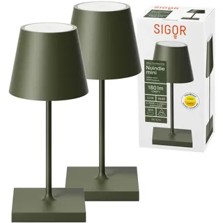 SIGOR 2 Stück Nuindie 2.0 mini - Dimmbare kleine LED Akku-Tischlampe Indoor & Outdoor, IP54 spritzwassergeschützt, Höhe 25 cm, aufladbar mit USB-C, 12 h Leuchtdauer, tannengrün