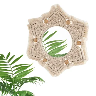 Boho Makramee Spiegel - Runder Wandspiegel mit Fransenquasten | Wandbehang, dekorativ rund für Schlafzimmer, Kinderzimmer, Wohnzimmer, Eingangsbereich | Handgefertigtes Baumwollseil Bohemian Home