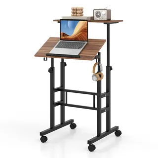 Costway Höhenverstellbar, mobiler Computertisch mit Rollen, neigbarer Tischplatte&2 Haken, Weiß
