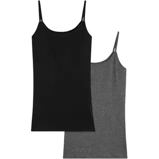 Spaghettitop BONPRIX "Spaghettiträger-Top aus reiner Baumwolle, 2er Pack", Damen, Gr. 48/50 (XL), schwarz (schwarz, grau meliert), Obermaterial: 50% Baumwolle, 50% Polyester, slim fit, Tops, figurbetonte Slim-Fit-Passform, ärmelloses Design, in Rippware-Optik