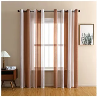 TUWENA Gardine 2er Vorhänge mit Ösen,Voile Gardinen Halbtransparent Streifen Stores, Moderner Wohnstil für Dekoration Kinderzimmer Schlafzimmer braun|rot 140 cm x 145 cm