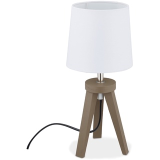 Relaxdays Tischlampe, Dreibein, Holz & Stoff, skandinavisches Design, E14, HxD: 31 x 14 cm, Nachttischlampe, weiß/braun